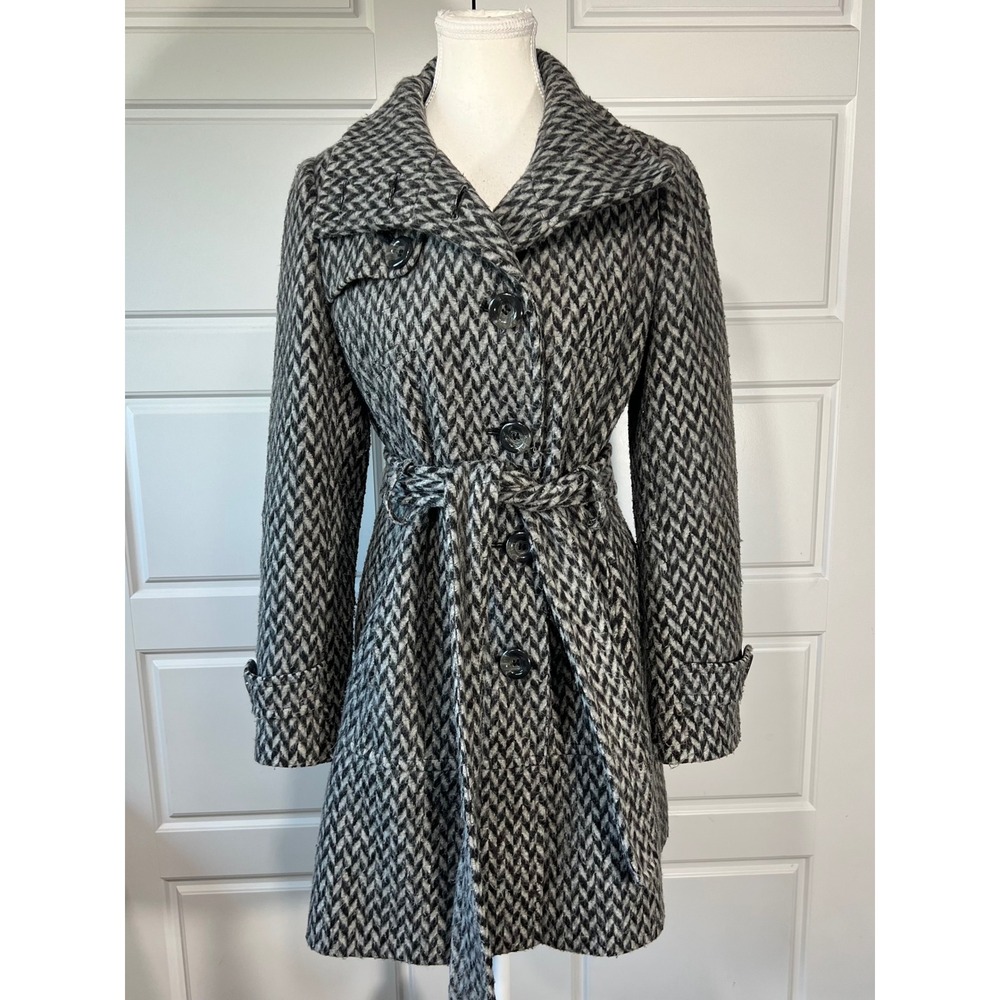 Kenneth Cole New York Herringbone Wool Blend‎ Belted Trench Coat - Size 2